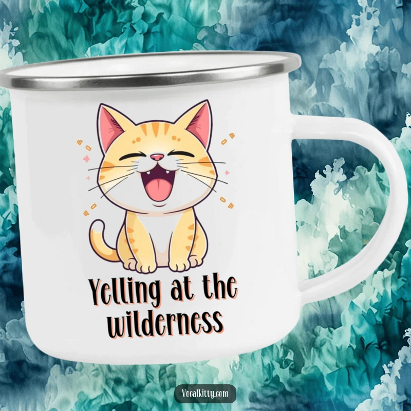 Funny Camping Mug: A cat with its mouth wide open, emitting cartoon sound waves, ready for outdoor adventures with vocal flair.