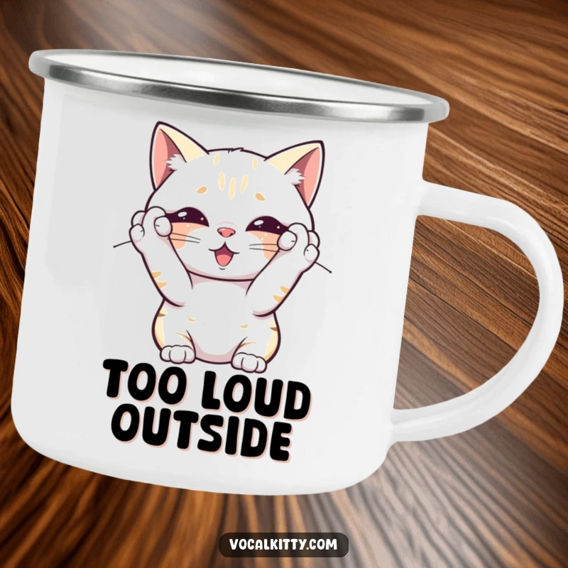 Funny camping mug featuring a cat covering its ears, overwhelmed by its own noise, perfect for outdoor hydration with a humorous, relatable spirit.