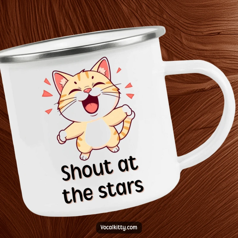 Funny camping mug featuring a cat playfully shouting with exaggerated expressions, perfect for adventurers who enjoy lively humor. Durable and amusing drinkware.