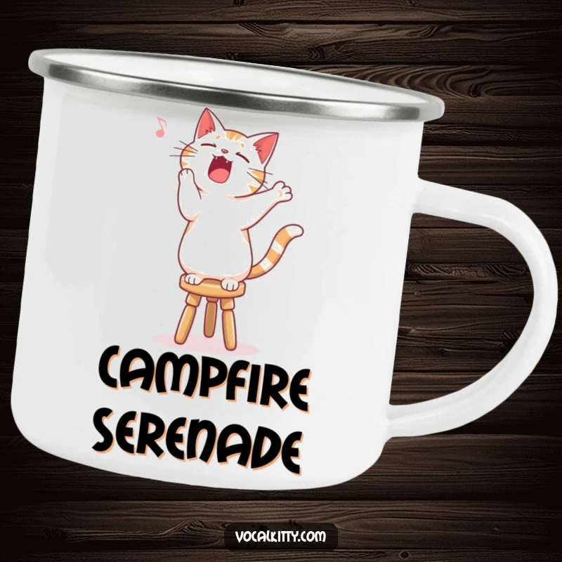 Funny singing cat camping mug, standing on a stool, belting out a song during an outdoor adventure.
