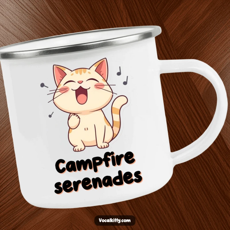 Funny camping mug with a stylized singing cat and exaggerated sound waves, ideal for humorous outdoor concerts.