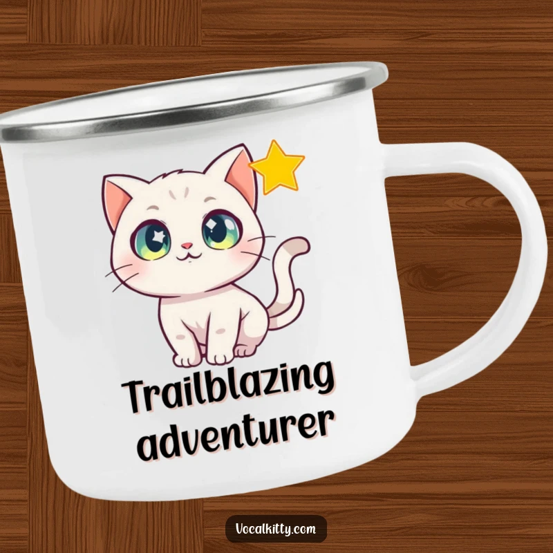 Funny Camping Mug featuring a cat with sparkling eyes chasing a shimmering star, great for adventurers.