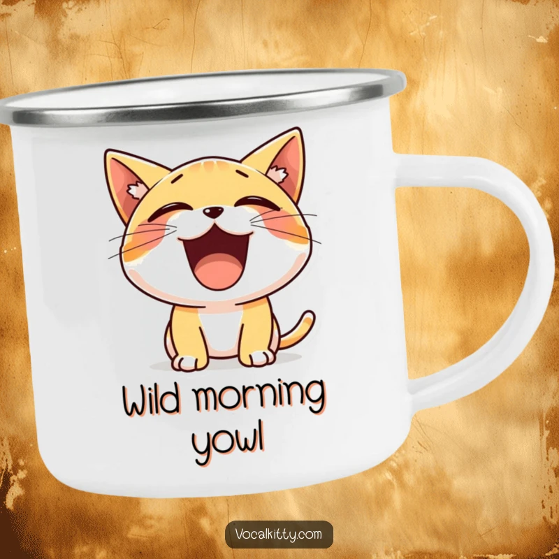 Funny enamel camping mug featuring a small, vibrant cat character yelling with a wide-open mouth, ready for outdoor fun.