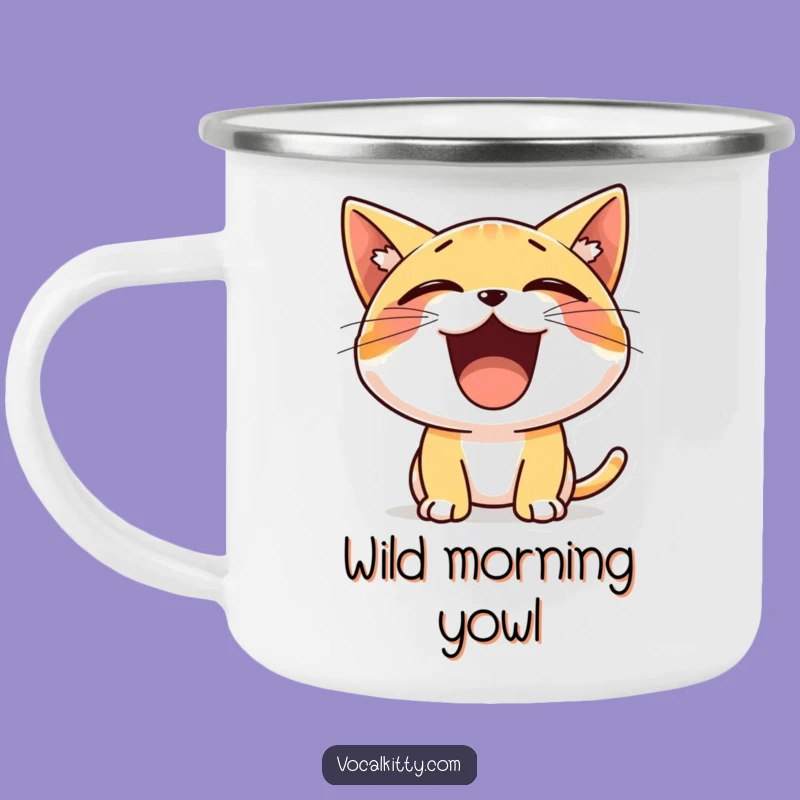 Funny Tiny Cat Yelling Enamel Camping Mug - Cheerful Kitty Outdoor Gift