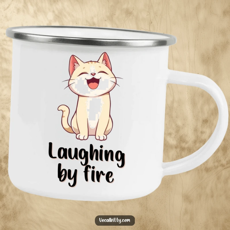Funny camping mug with a cartoon cat character laughing heartily, its head thrown back, perfect for outdoor enthusiasts.
