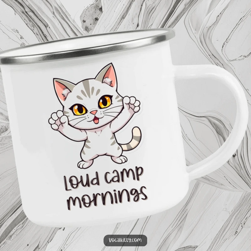 Funny camping mug featuring a dramatic cat in a loud, attention-grabbing pose, perfect for outdoor enthusiasts who enjoy humor. Durable and amusing drinkware.