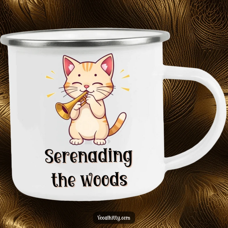 Funny Cat Camping Mug: A sturdy enamel mug showing a cat playing a tiny trumpet, with sound waves radiating outwards, ready for outdoor jams.