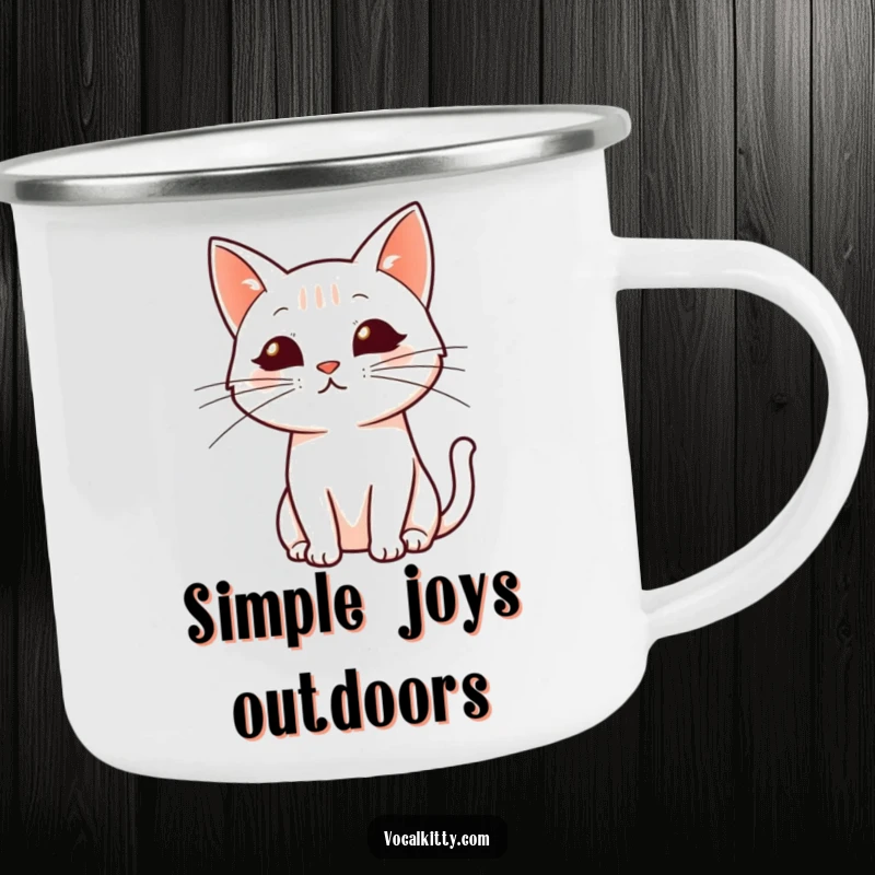 Funny camping mug: A simplified cat profile with dynamically drawn whiskers, perfect for enjoying nature with artistic flair.