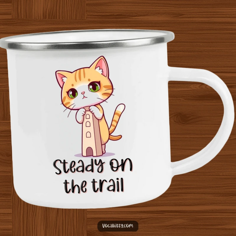 Funny Camping Mug featuring a cat with intense concentration balancing a tower, great for focused campers.