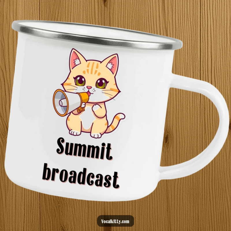 Funny determined cat camping mug, holding a megaphone, ready to make clear announcements in the wilderness.