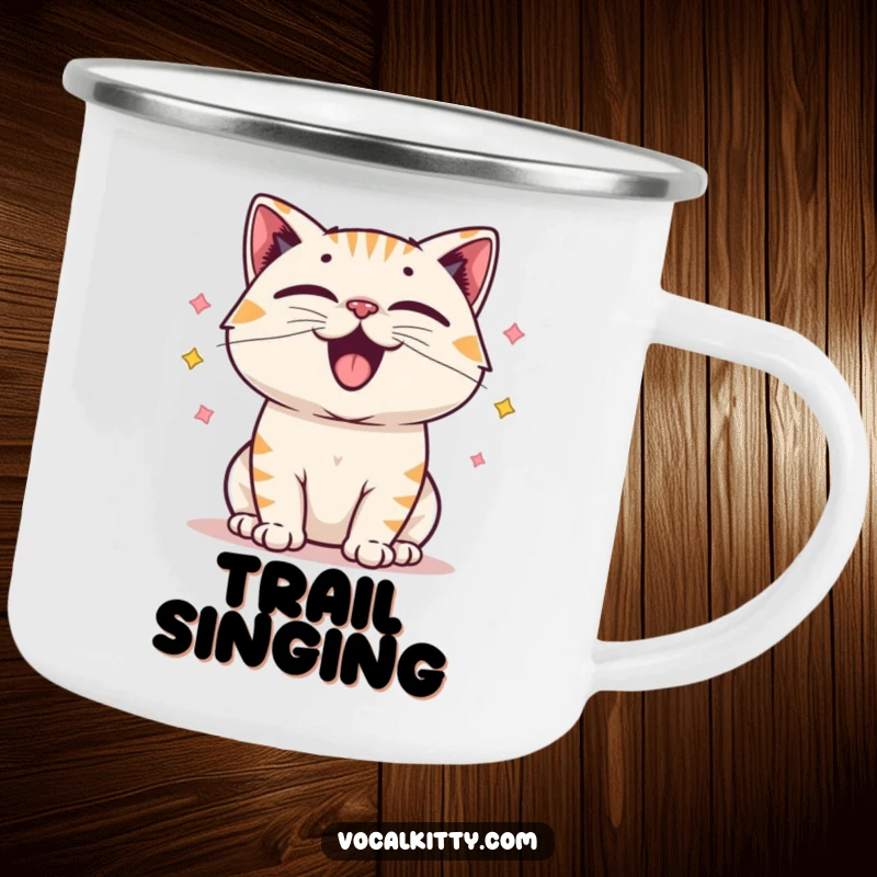 Funny camping mug showing a cartoon cat character with exaggerated vocal cords vibrating energetically, emitting happy sound waves.