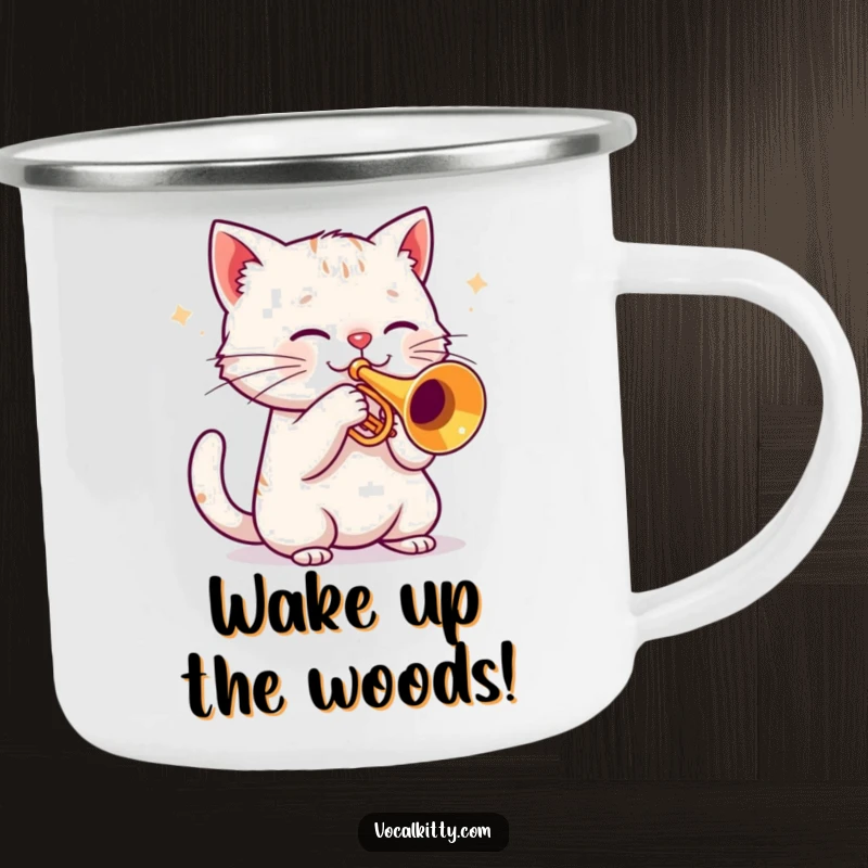 Funny cat sitting by a campfire, playing a trumpet, enamel camping mug.