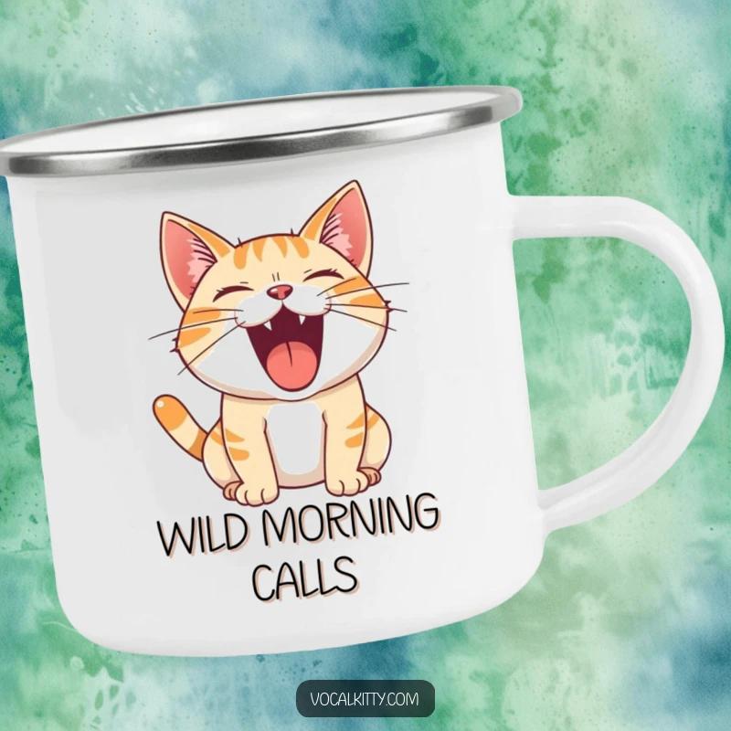 Funny Camping Mug showing a cat with its mouth wide open, letting out a joyful roar in the great outdoors.