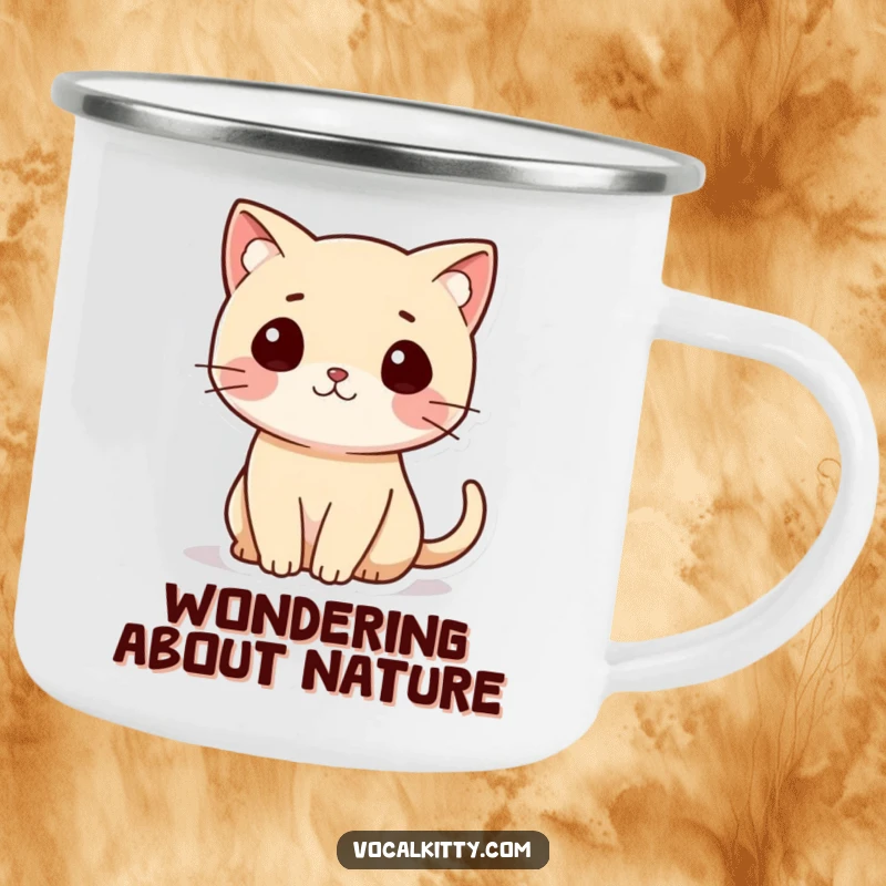 Funny Cat Camping Mug featuring a small cat with a question mark tail, ideal for outdoor enthusiasts.