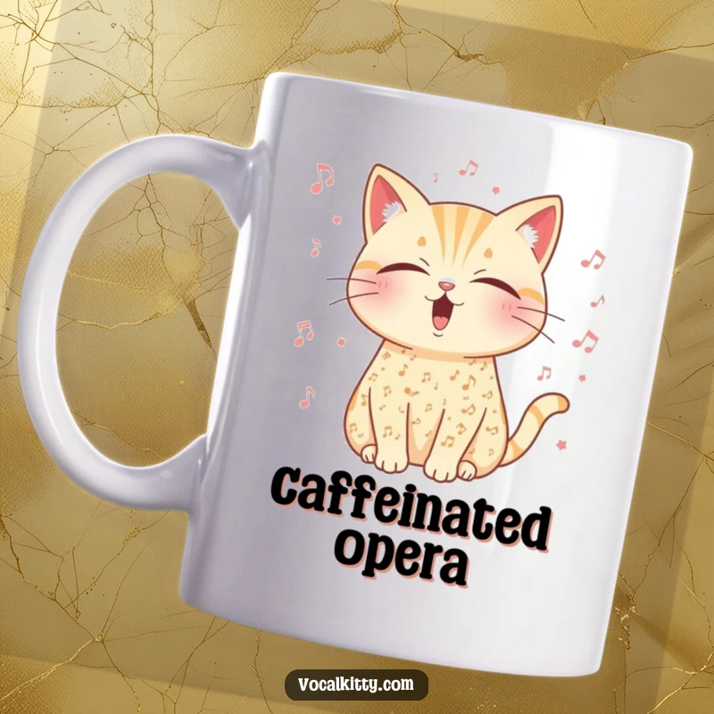 Funny musical cat mug, covered in notes, eyes closed in serene vocal exertion and musical bliss.