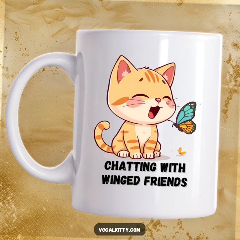 Funny Mug showing a cat character animatedly having a loud conversation with a tiny butterfly, looking very engaged.