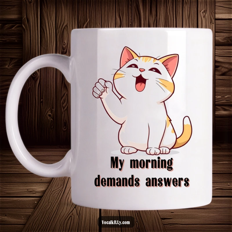 Funny mug featuring a black cat dramatically pointing a paw skyward, bellowing with exaggerated emotion and comedic flair.