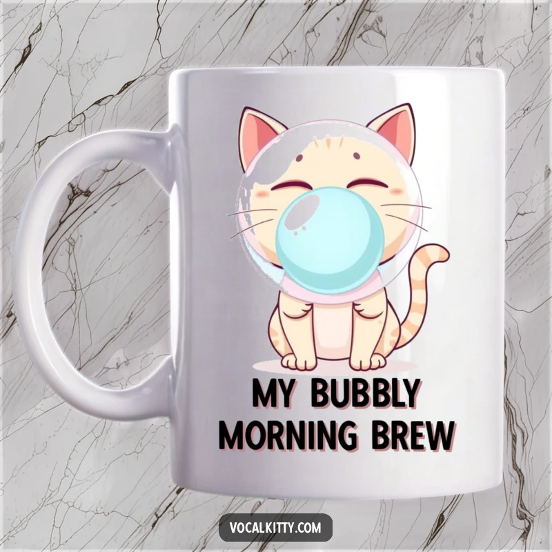 Funny Cat Blowing Giant Bubblegum Bubble About to Pop Mug - Humorous Feline Moment