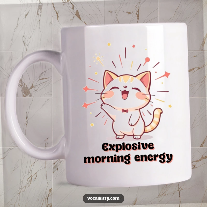 Funny cat mug depicting a joyful feline character bursting with sound like a colorful firework, celebrating with explosive happiness.
