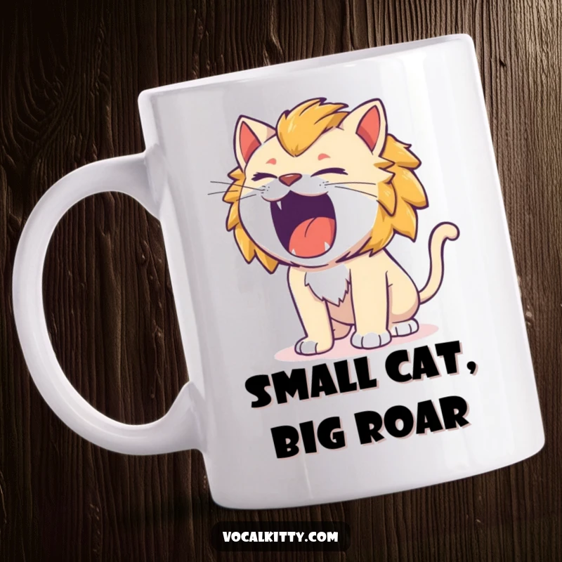 Funny cat roaring like a tiny lion, fierce expression, comical intensity, ceramic mug.