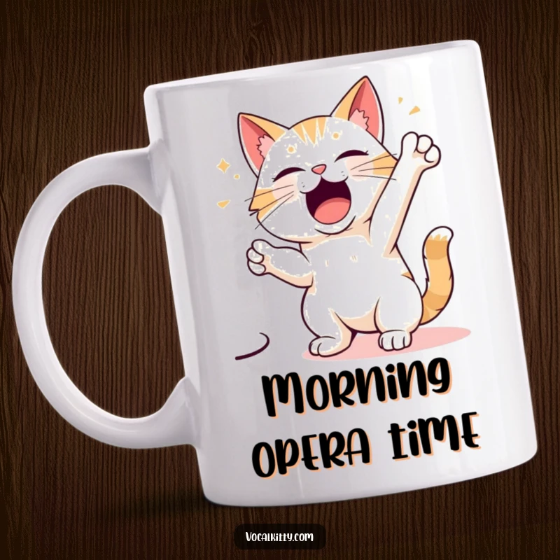 Funny mug featuring a cartoon cat character striking a flamboyant, dramatic pose as if belting out a powerful song.