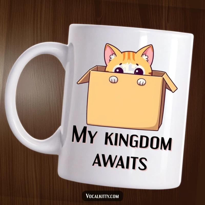 Funny cat mug with a curious feline character peeking out from a large cardboard box, showcasing playful hide-and-seek humor.
