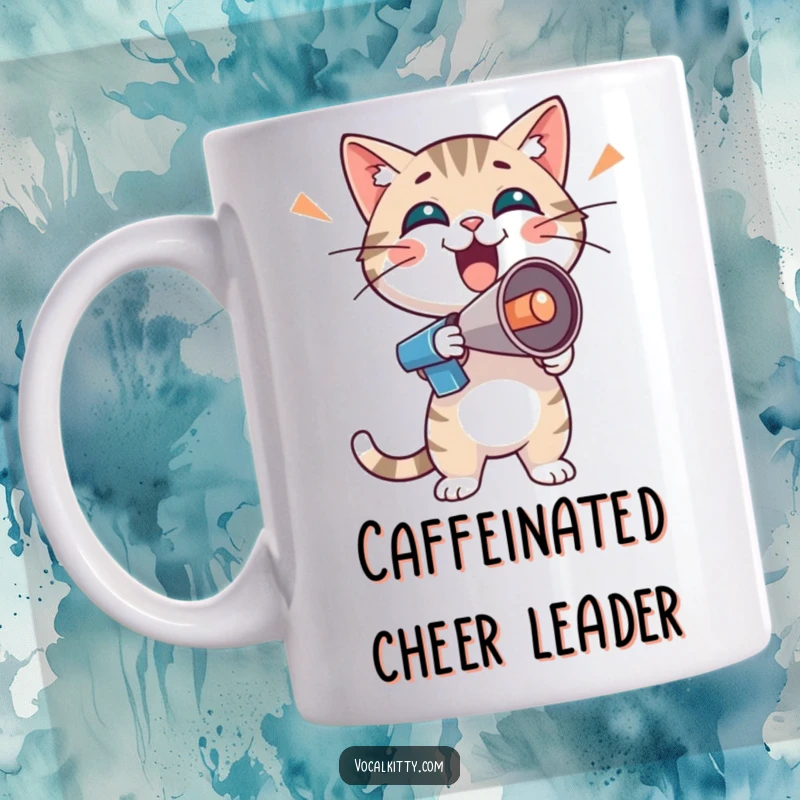 Funny cat character holding a tiny megaphone, looking enthusiastic and loud, on a mug, cheering.