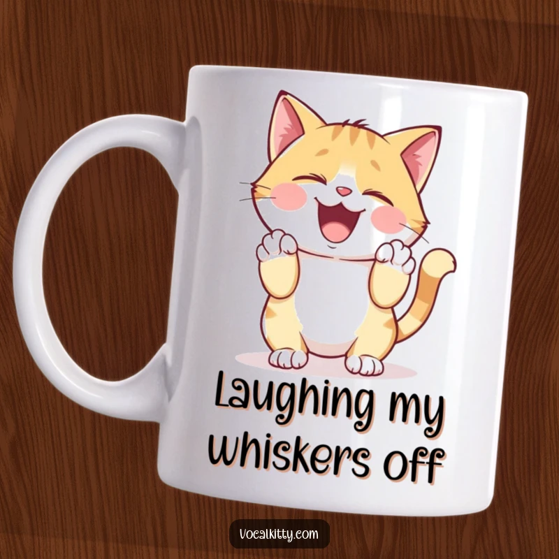 Funny Mug of a cat character giggling heartily, clutching its sides with its paws, showing pure amusement.