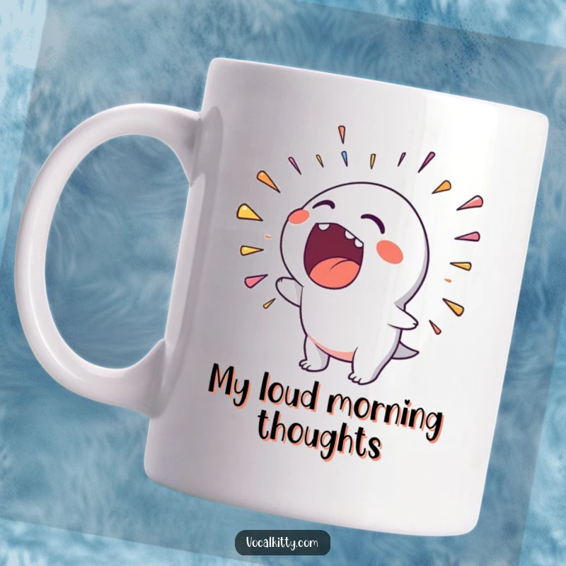 Funny mug featuring a character shouting a vibrant rainbow of noise from its wide-open mouth, expressing loud joy.