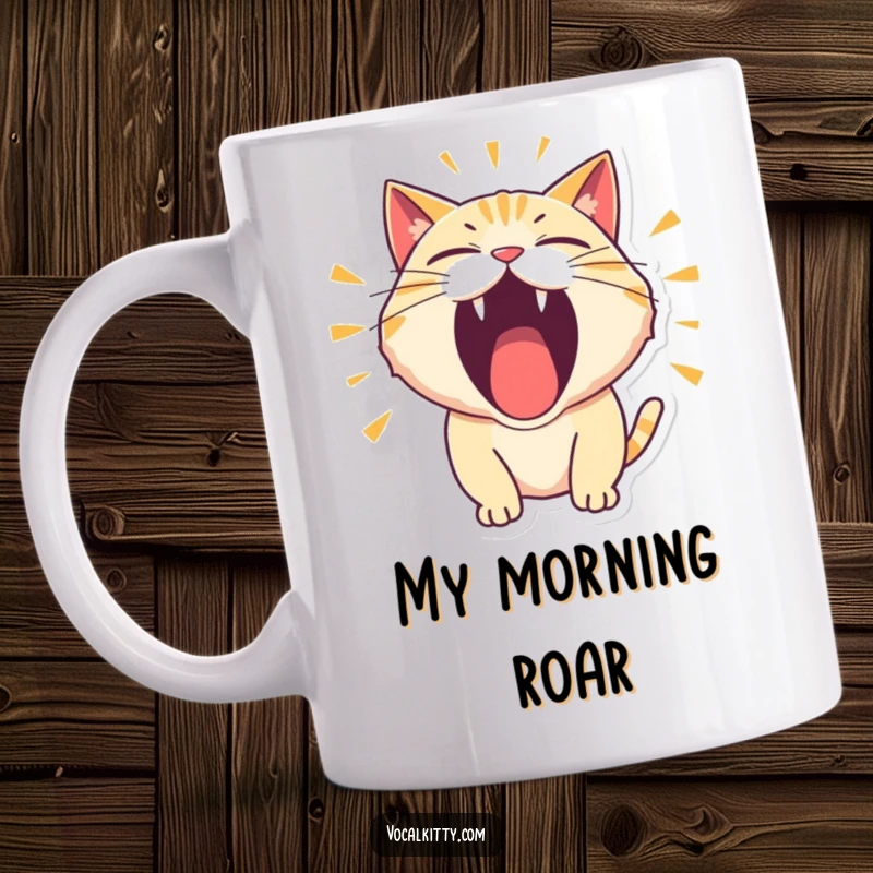 Funny Mug of a cat character roaring thunderously with its mouth wide open in a comical display.