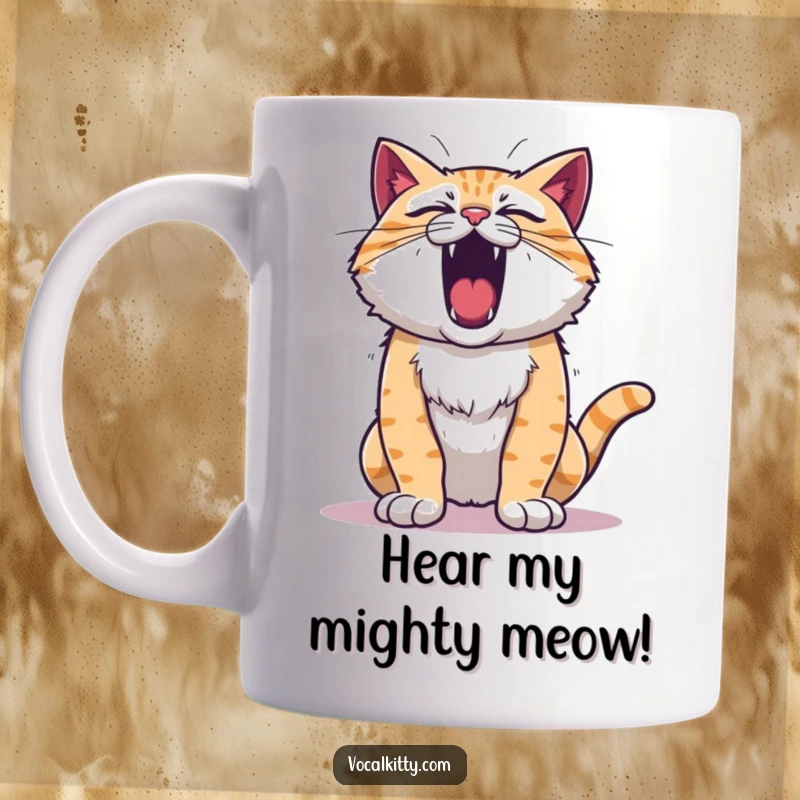 Funny roaring cat mug, chest puffed out, with a mighty, unleashed feline scream. Perfect for loud personalities.