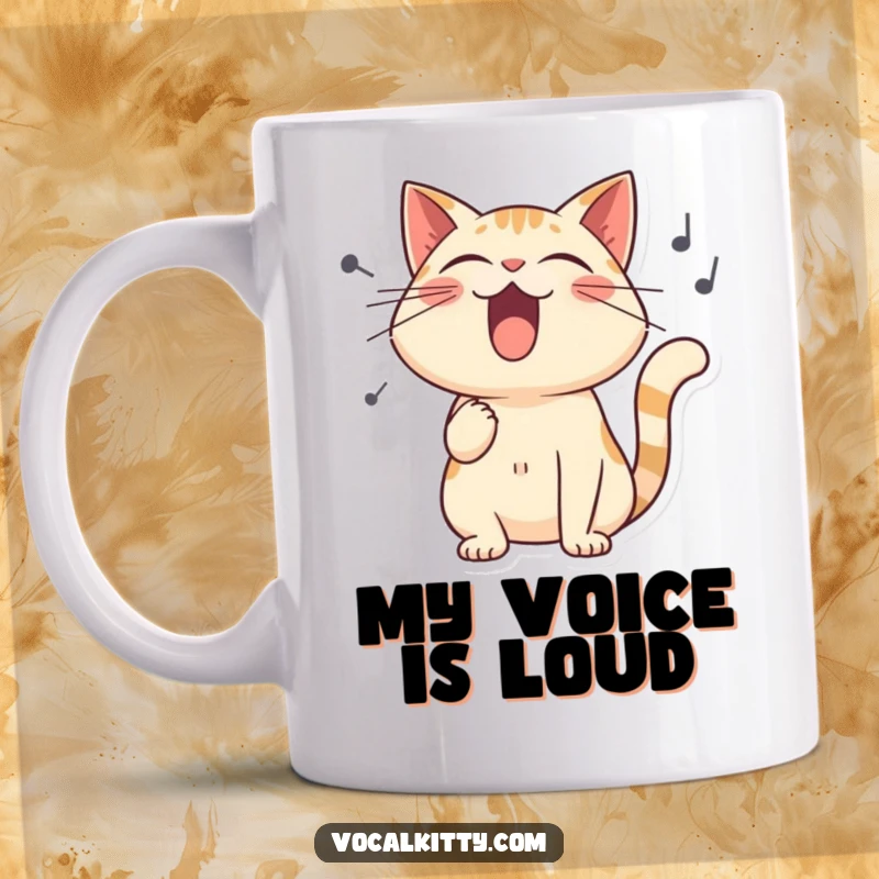 Funny mug featuring a stylized cat singing loudly with comically exaggerated sound waves emanating from its mouth.