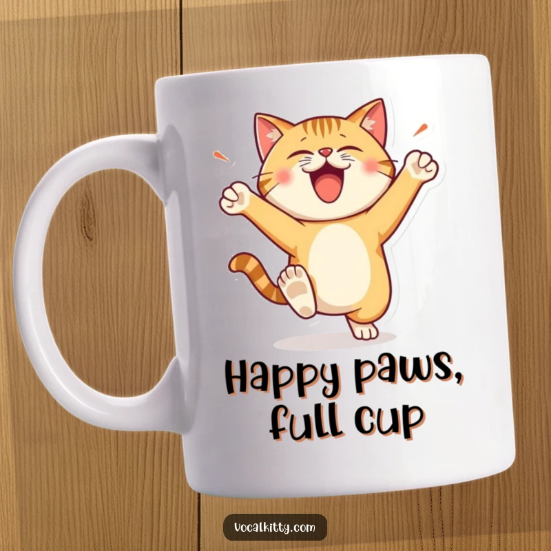 Funny Mug of a cat character stomping its feet with energetic, happy loudness, looking determined and joyful.