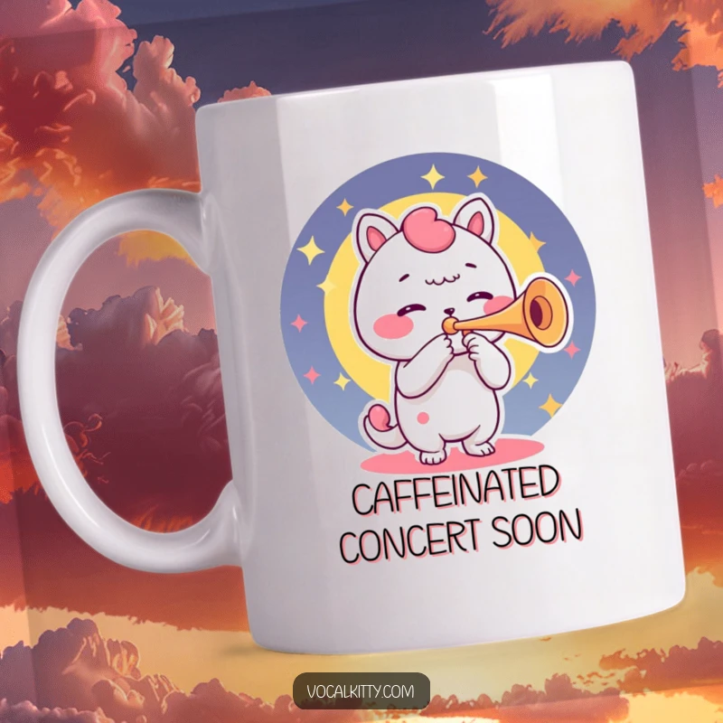 Funny mug of a character using its voice box as a trumpet, blowing vibrant musical notes with a joyful expression.