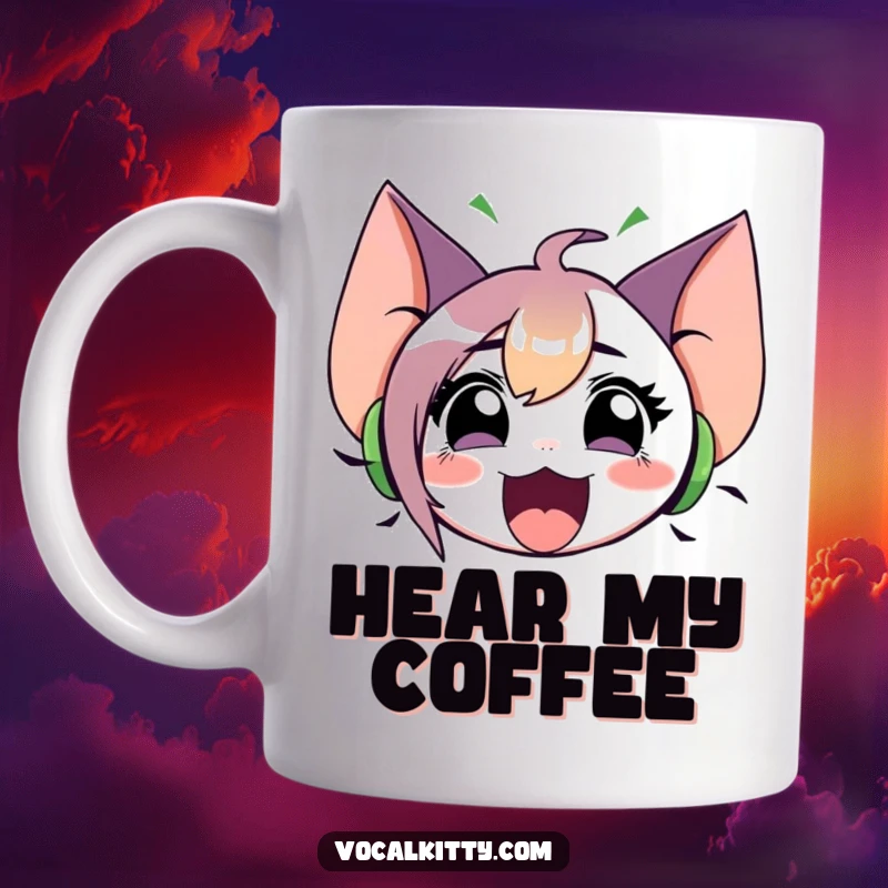 Funny mug showing a character with enormous ears emitting visible sound waves from its wide-open mouth. Captures loudness.