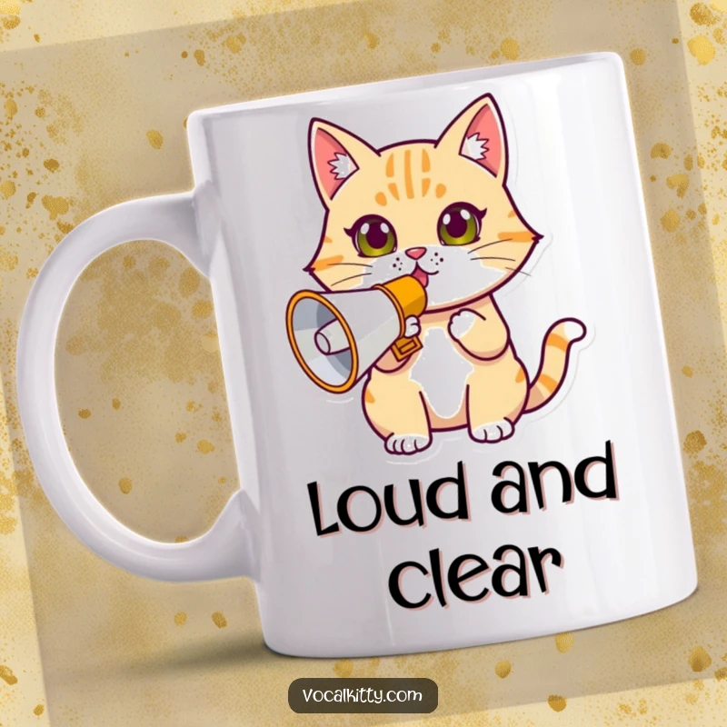 Funny determined cat mug, holding a megaphone to its mouth, ready to make a loud, clear announcement.