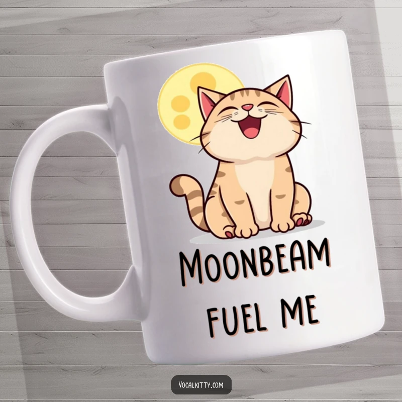 Funny howling cat moon mug, a cat with a wide grin howling at a smiling cartoon moon under the stars. Whimsical gift.