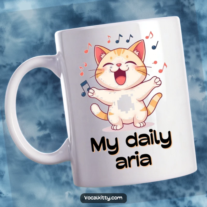 Funny Mug of a cat character belting out a loud, joyful song with musical notes swirling around it.