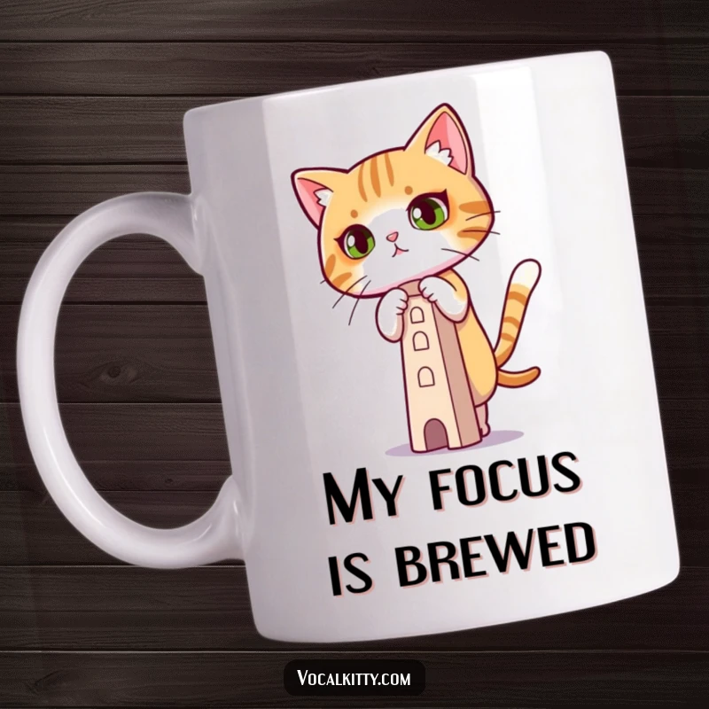 Funny Mug featuring a cat with intense concentration, carefully balancing a small tower of objects.