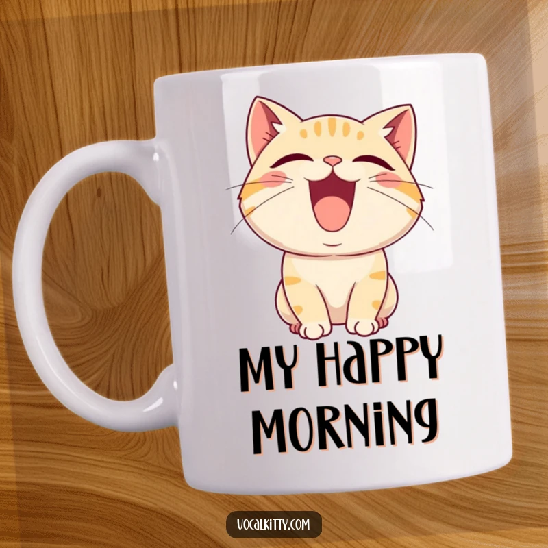 Funny mug showcasing a cartoon cat character with its mouth wide agape, in the act of letting out a high-pitched, joyful squeal.