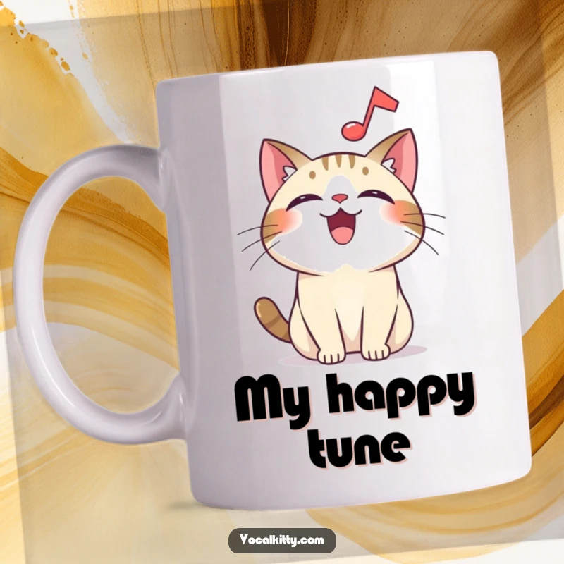 Funny overjoyed cat mug, with a musical note floating above its head, expressing pure musical bliss and happiness.