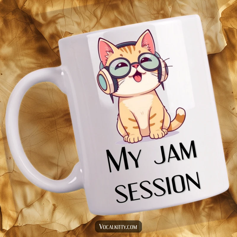 Funny mug showing a cat wearing oversized headphones, enthusiastically bobbing its head to music.