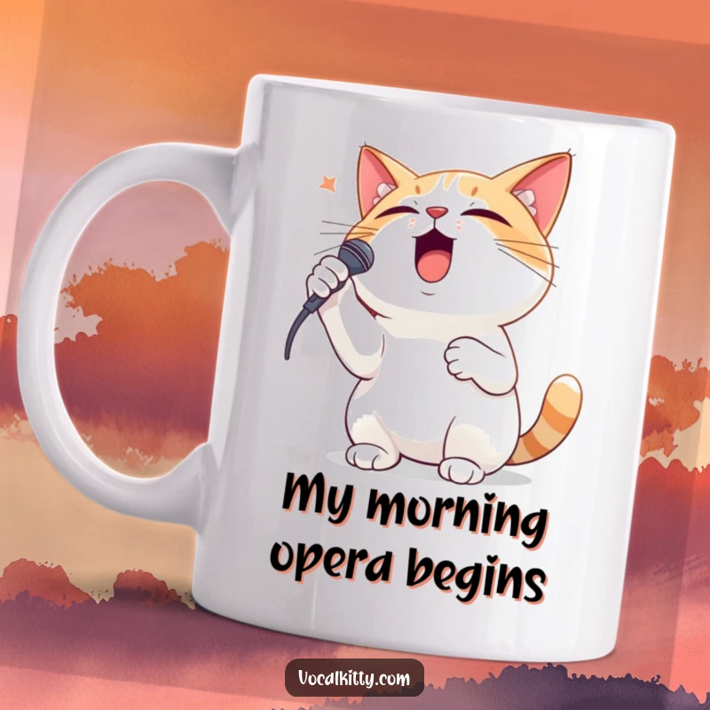 Funny mug with a dramatic cat singer belting out a tune, paw on chest, expressing operatic emotion.