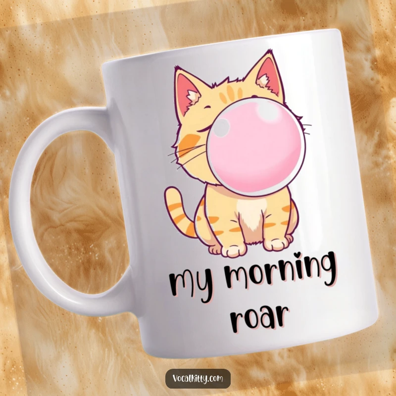 Funny cat mug featuring a cartoon feline blowing a massive, noisy bubble gum bubble, capturing a moment of comical mischief.