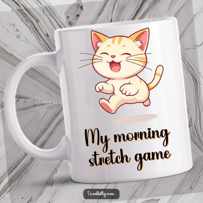Funny cat mug with a cartoon cat character leaping high, exaggeratedly long whiskers trailing behind in a comical, energetic display.