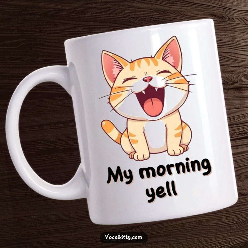 Funny Mug featuring a cat with its mouth wide open, letting out a huge, joyful, and loud roar.