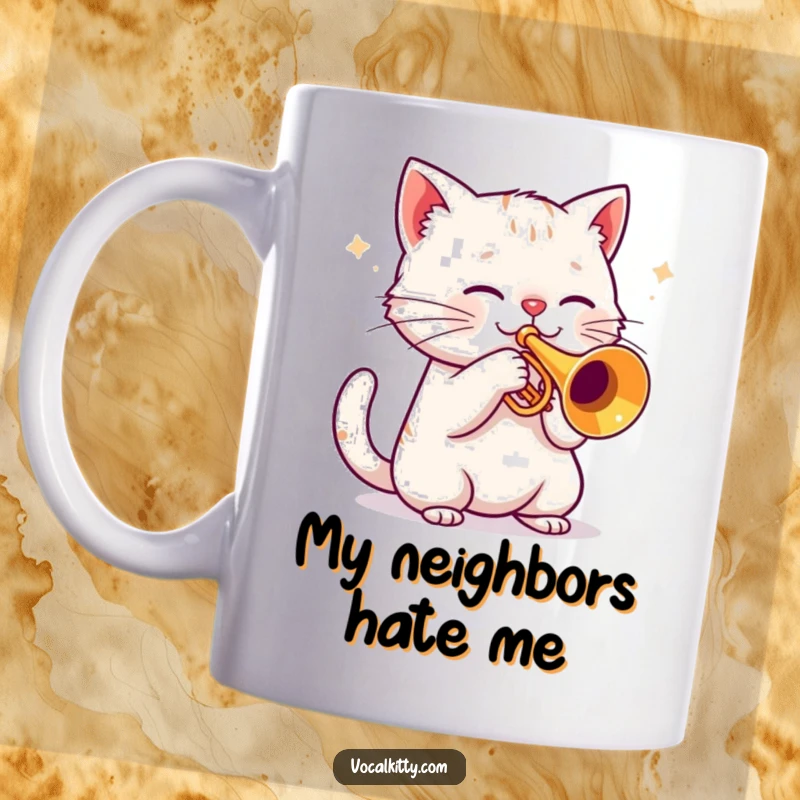 Funny cat playing a trumpet loudly, musical chaos exploding, perfect gift for cat lovers.