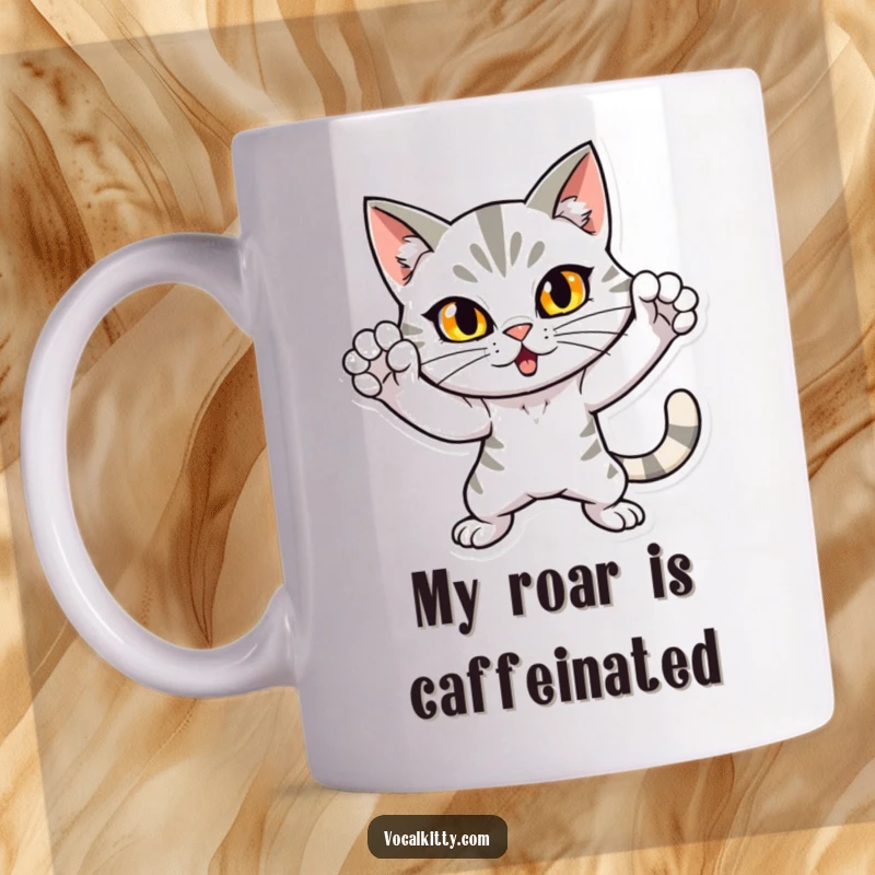 Funny mug with a cat striking a loud, attention-grabbing pose, exuding dramatic flair and demanding notice. Ideal for cat lovers seeking humor.