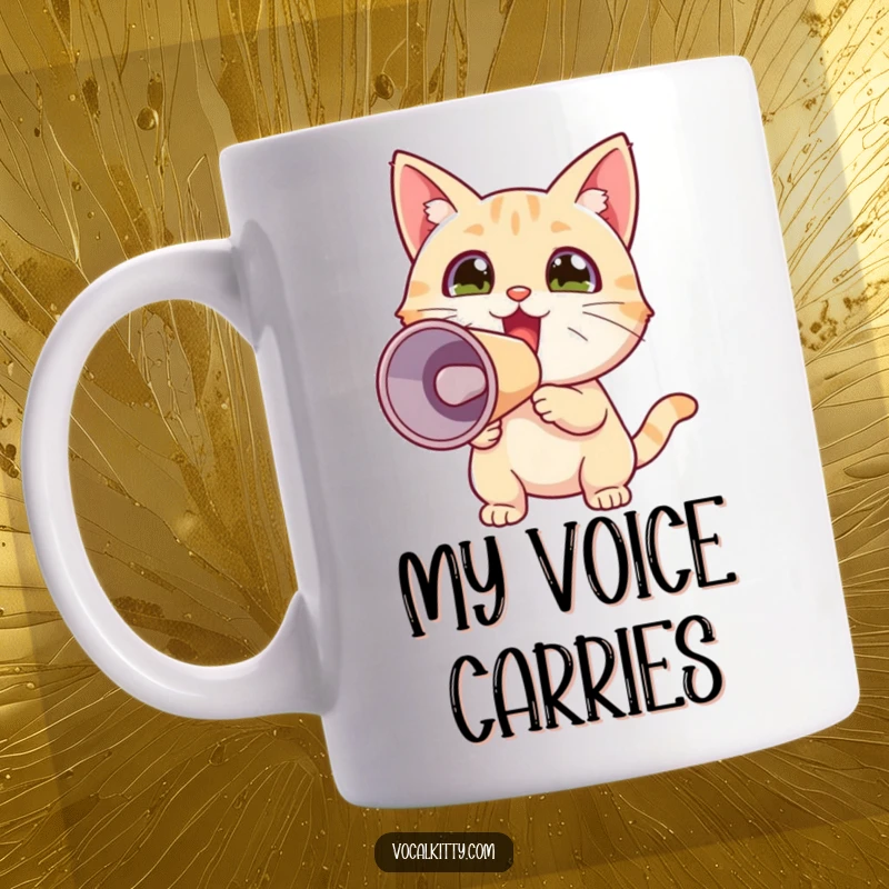 Funny mug with a tiny, wide-eyed cat enthusiastically shouting into a megaphone, radiating pure excitement and joy for all to hear.