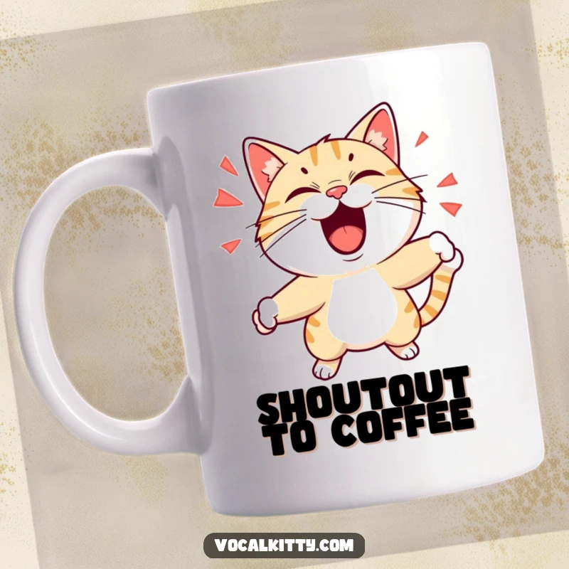 Funny mug featuring a cat character playfully shouting with exaggerated facial expressions and dynamic motion. Perfect for expressing joy or demands humorously.